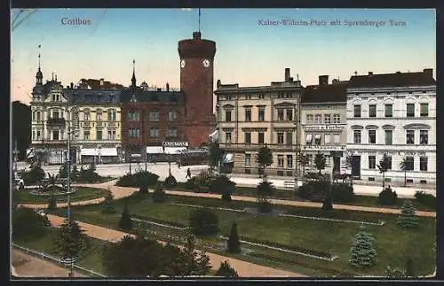 AK Cottbus, Kaiser-Wilhelm-Platz mit Spremberger Turm