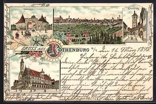 Lithographie Rothenburg o. T., Rathaus, Röderthor, Klingenthor