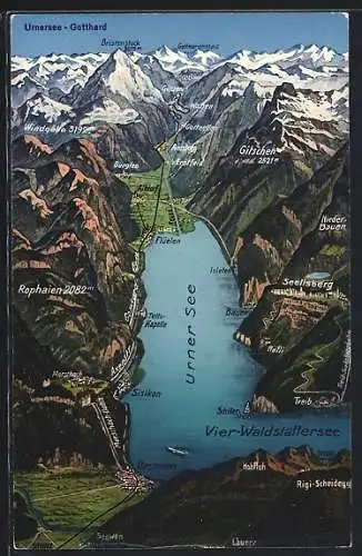 AK Brunnen, Panorama-Landkarte von Urnersee und Gotthard