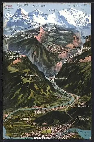 AK Interlaken, Blick von oben auf den Ort und die Nachbargemeiden, Eiger, Mönch, Jungfrau