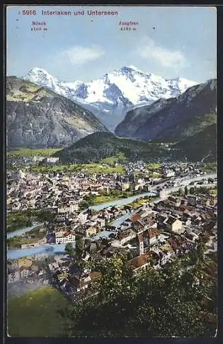 AK Interlaken, Ortsansicht mit Unterseen, in der Ferne Mönch und Jungfrau