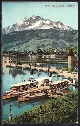AK Luzern, Dampfer an der Landestelle, Blick zum Pilatus