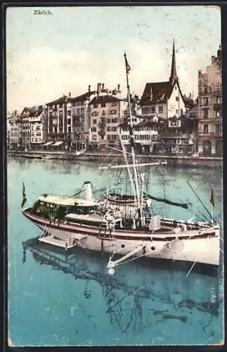 AK Zürich, Uferpartie mit Boot