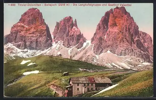 AK Sellajoch-Hospiz, Berghütte am Sellajoch mit Langkofelgruppe