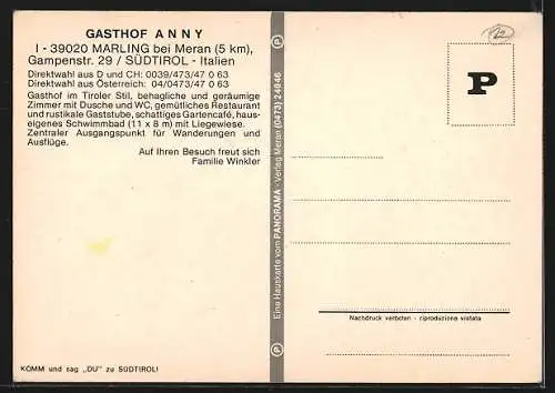 AK Marling bei Meran, Gasthof Anny, Gampenstrasse 29
