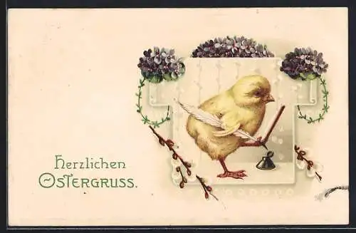 Präge-AK Osterküken mit Tinte, Feder und Schreibblock, Veilchen