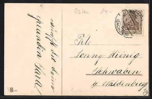 Präge-AK Osterküken mit Tinte, Feder und Schreibblock, Veilchen