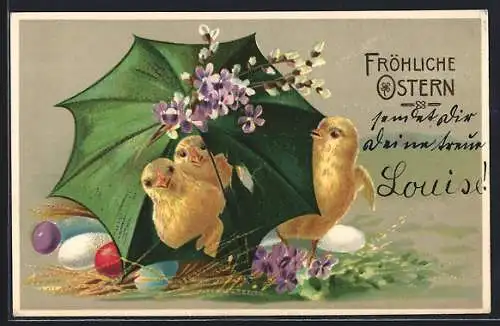 AK Osterküken mit Schirm, Fröhliche Ostern