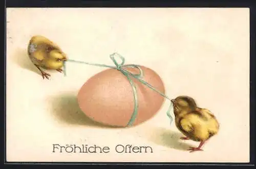 AK Zwei Osterküken öffnen die Schleifen an einem Ei