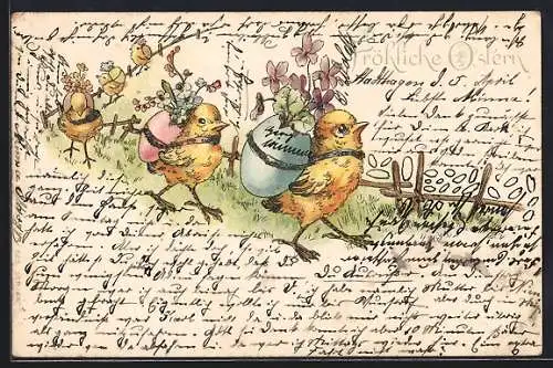 AK Osterküken mit mit Blumen gefüllte Eiern auf dem Rücken