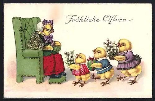 AK Vermenschlichte Osterküken mit Geschenken für ihre Oma