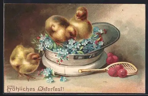 Lithographie Fröhliches Osterfest, Osterküken in Schirmmütze und Tennisschläger