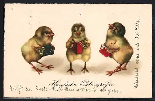 AK Drei Osterküken mit Akkordeon und Gesangsbüchern