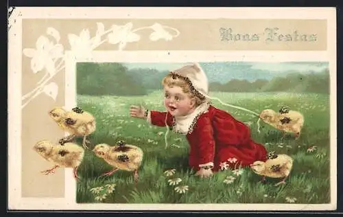 AK Junges Mädchen mit Osterküken auf einer Wiese