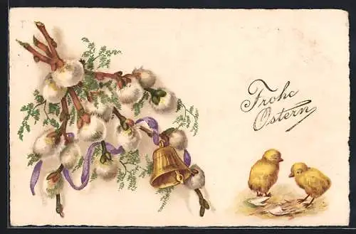 AK Osterküken und ein Zweig Weidenkätzchen mit einer Glocke