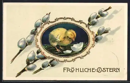 AK Frohe Ostern, Osterküken und Weidenkätzchen