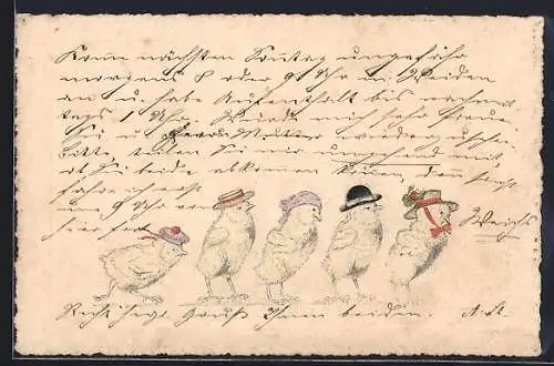 AK Fünft Osterküken mit verschiedenen Hüten