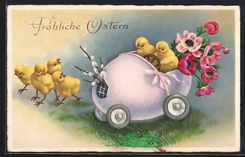 AK Zwei Osterküken in einem Eier-Auto