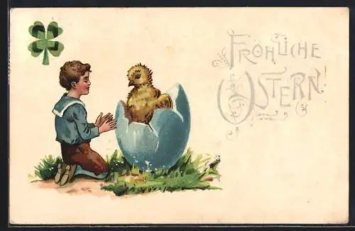 AK Ein Knabe mit einem frisch geschlüpften Osterküken