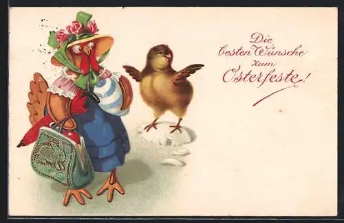 AK Vermenschlichte Henne mit Hut und Tasche betrachtet das fröhliche Osterküken, Joyeuses Paques