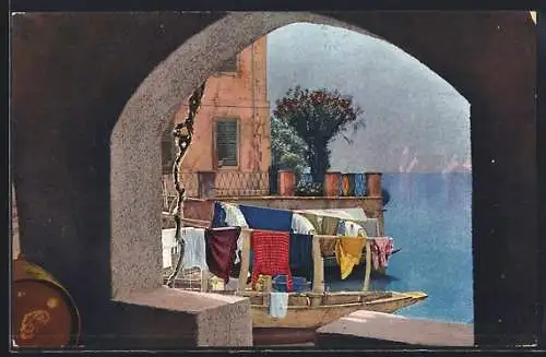 Künstler-AK Photochromie Nr.: 3287, S. Mamette /Lagodi Lugano, Ortspartie mit Wäscheleine