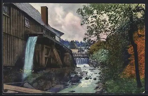 Photochromie-AK Altenberg, Zinnwäschen, die Brücke an der Wassermühle