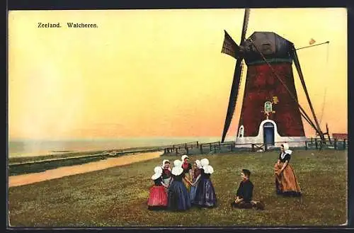 Künstler-AK Photochromie Nr. 2934: Walcheren /Zeeland, Kinder tanzen vor einer Windmühle im Reigen