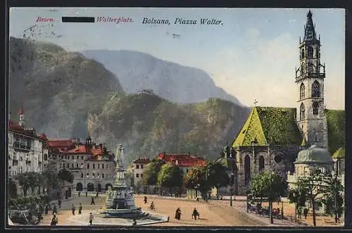 AK Bozen /Bolzano, Piazza Vittorio Emanuele col monumento Walter von der Vogelweide