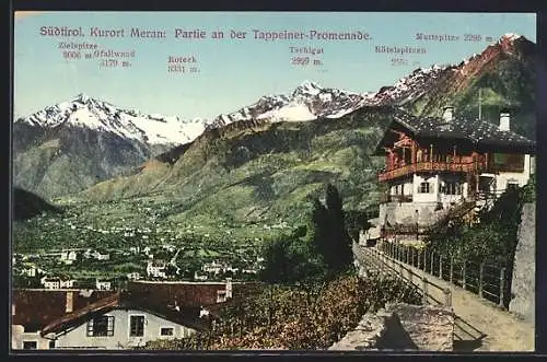 AK Meran /Südtirol, Partie an der Tappeiner-Promenade mit Alpen-Panorama