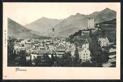 AK Meran, Ortsansicht gegen die Berge