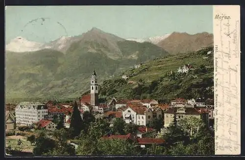 AK Meran, Ortsansicht gegen die Berge