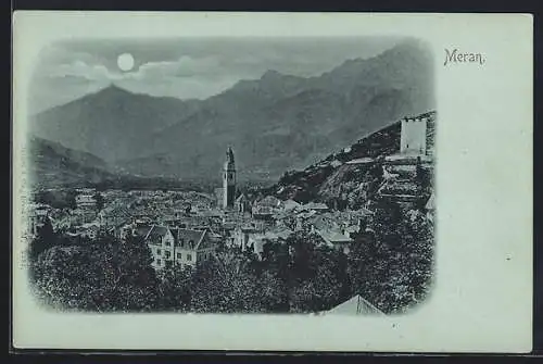 Mondschein-AK Meran, Totalansicht gegen die Berge