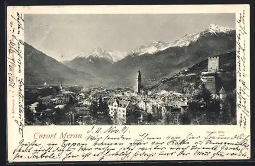 AK Meran, Totalansicht mit Blick in die Berge