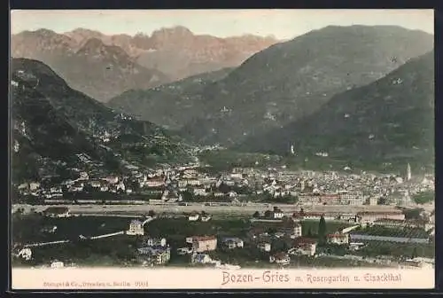 AK Bozen-Gries, Totalansicht mit Rosengarten und Eisackthal