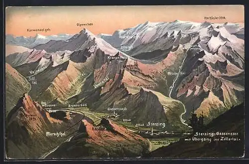 AK Sterzing, Totalansicht mit dem Zillertal und den umgebenden Alpen aus der Vogelschau