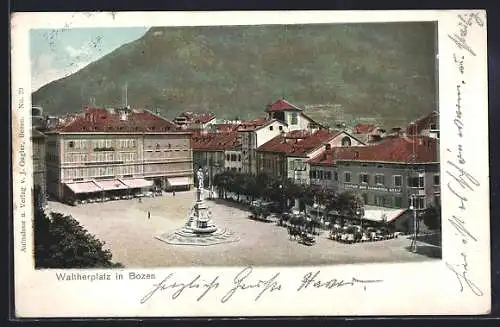 AK Bozen / Bolzano, Waltherplatz mit Gasthof zum Schwarzen Greif, Pferdekutsche