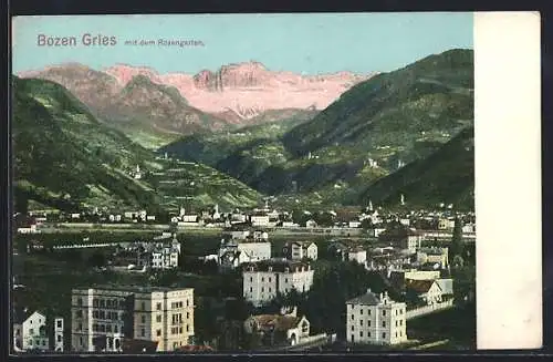 AK Bozen, Gries, Panorama mit dem Rosengarten