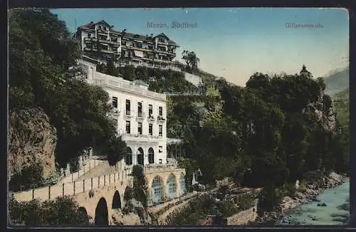 AK Meran, Ortspartie mit Gilfpromenade im Hintergrund