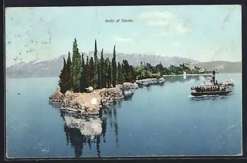 AK Isola di Garda, Ansicht mit vielen Bäumen und Bergen im Hintergrund