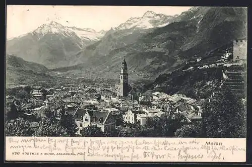 AK Meran, Teilansicht mit Bergpanorama