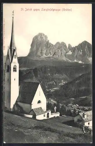 AK St. Jakob, Ortsansicht gegen Langkofelgruppe