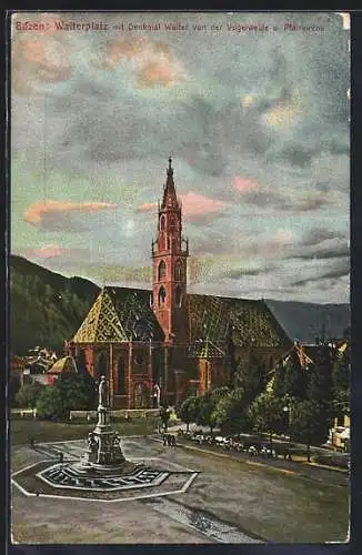 AK Bozen, Walterplatz mit Denkmal und Pfarrkirche