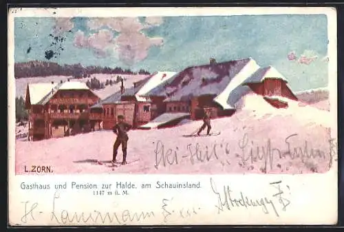 Künstler-AK Ludwig Zorn: Schauinsland, Gasthaus zur Halde im Winter mit Leuten auf Skiern