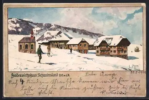 Künstler-AK Ludwig Zorn: Schauinsland /Schwarzwald, Haldenwirtshaus Schauinsland im Winter