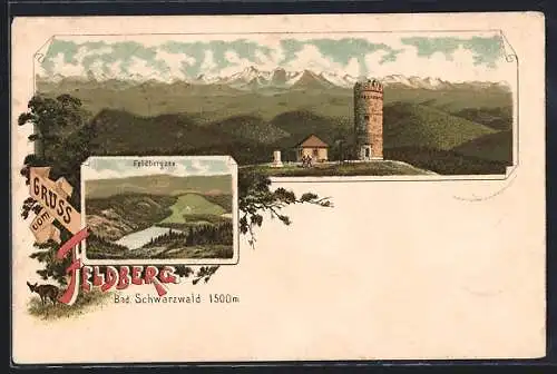 Lithographie Feldberg / Schwarzwald, Aussichtsturm und Feldbergsee