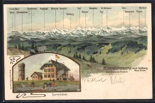 Lithographie Feldberg / Schwarzwald, Alpenpanorama, Turmhotel