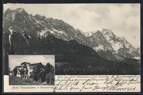 AK Obergrainau, Hotel Waxenstein, Blick auf die Zugspitze