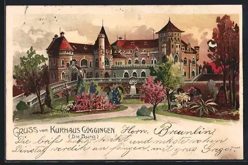 Lithographie Göggingen / Augsburg, Das Kurhaus in der Burg