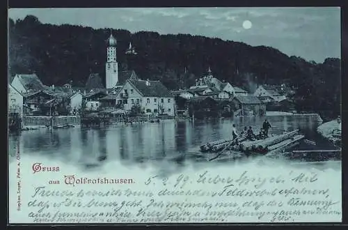 Mondschein-AK Wolfratshausen, Flösser auf dem Fluss vor der Ortschaft