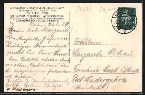 AK Berlin, Restaurant Räume der Akademischen Bierhallen, Inh. R. Thaler, Dorotheenstrasse 80